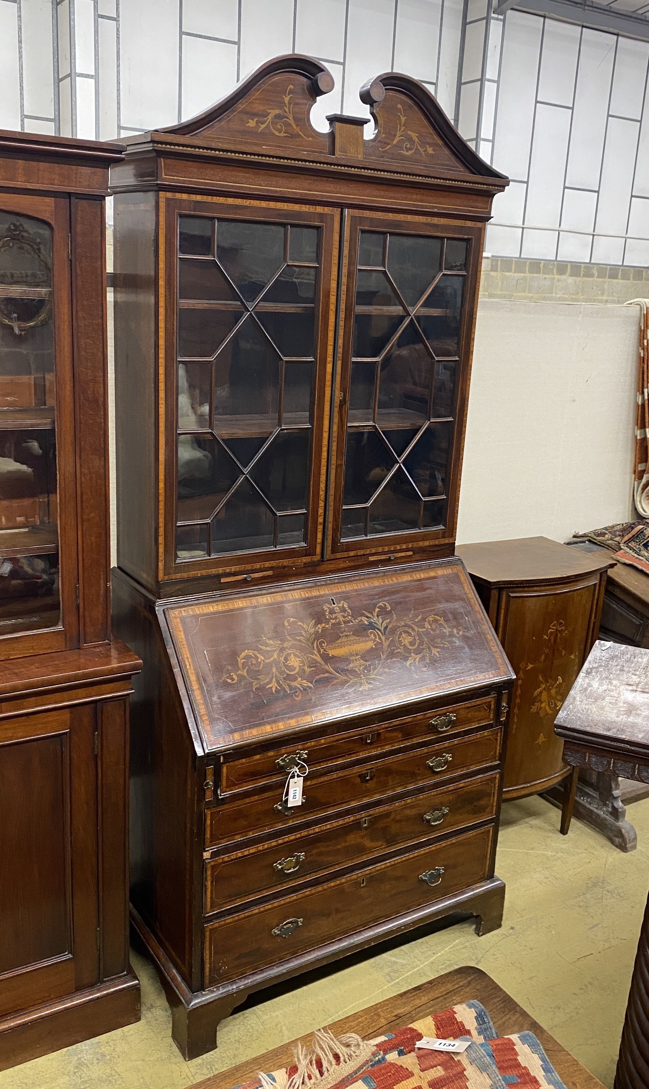 An Edwardian satinwood banded marquetry inlaid mahogany bureau bookcase, length 96cm, depth 55cm, height 230cm